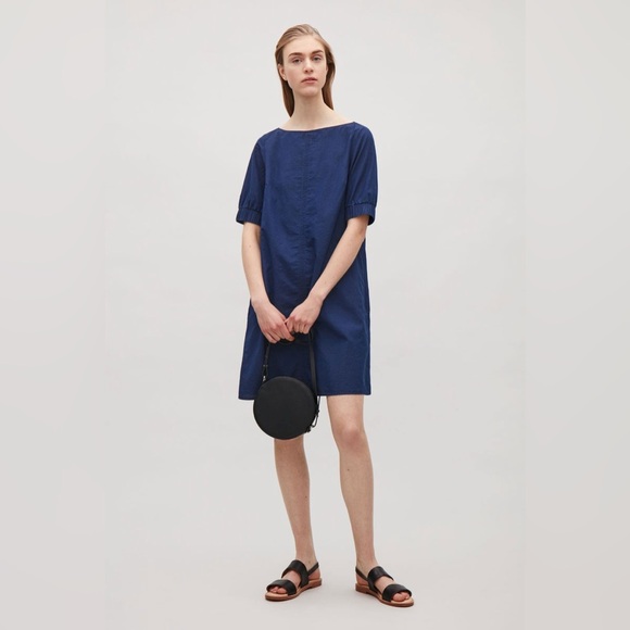 COS 100% Cotton Chambray Denim Shift Mini Dress with Puff Sleeves Size Medium - Picture 1 of 13